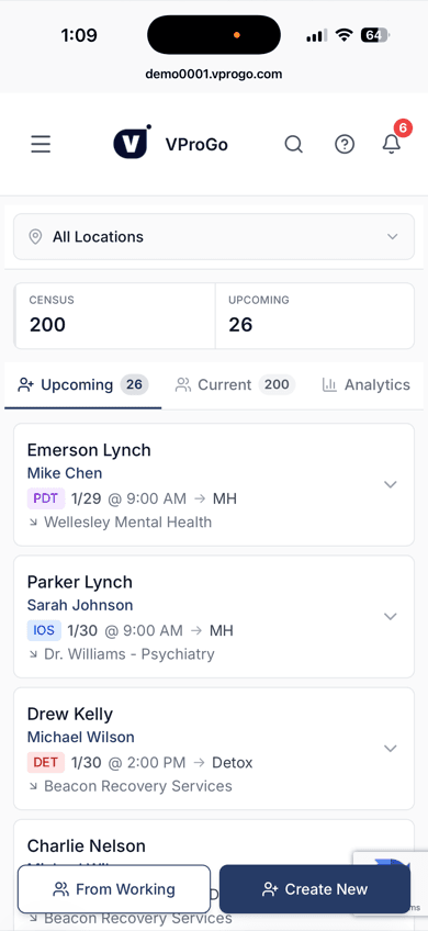 VProGo Census Hub — real-time census management with upcoming admissions, attendance tracking, and patient details — mobile view