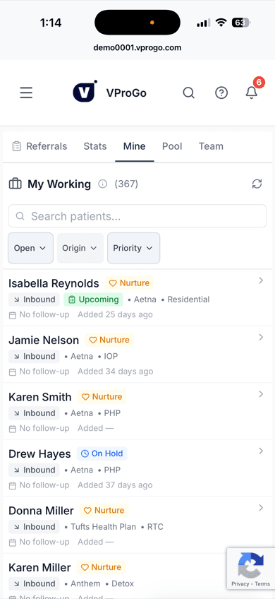 VProGo Working Referrals — 367 active referrals with status tracking, assignment, and one-click actions — mobile view