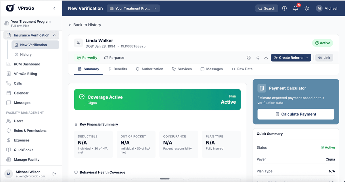 VProGo Insurance Verification — coverage status, financial summary, and Payment Calculator with prediction scoring